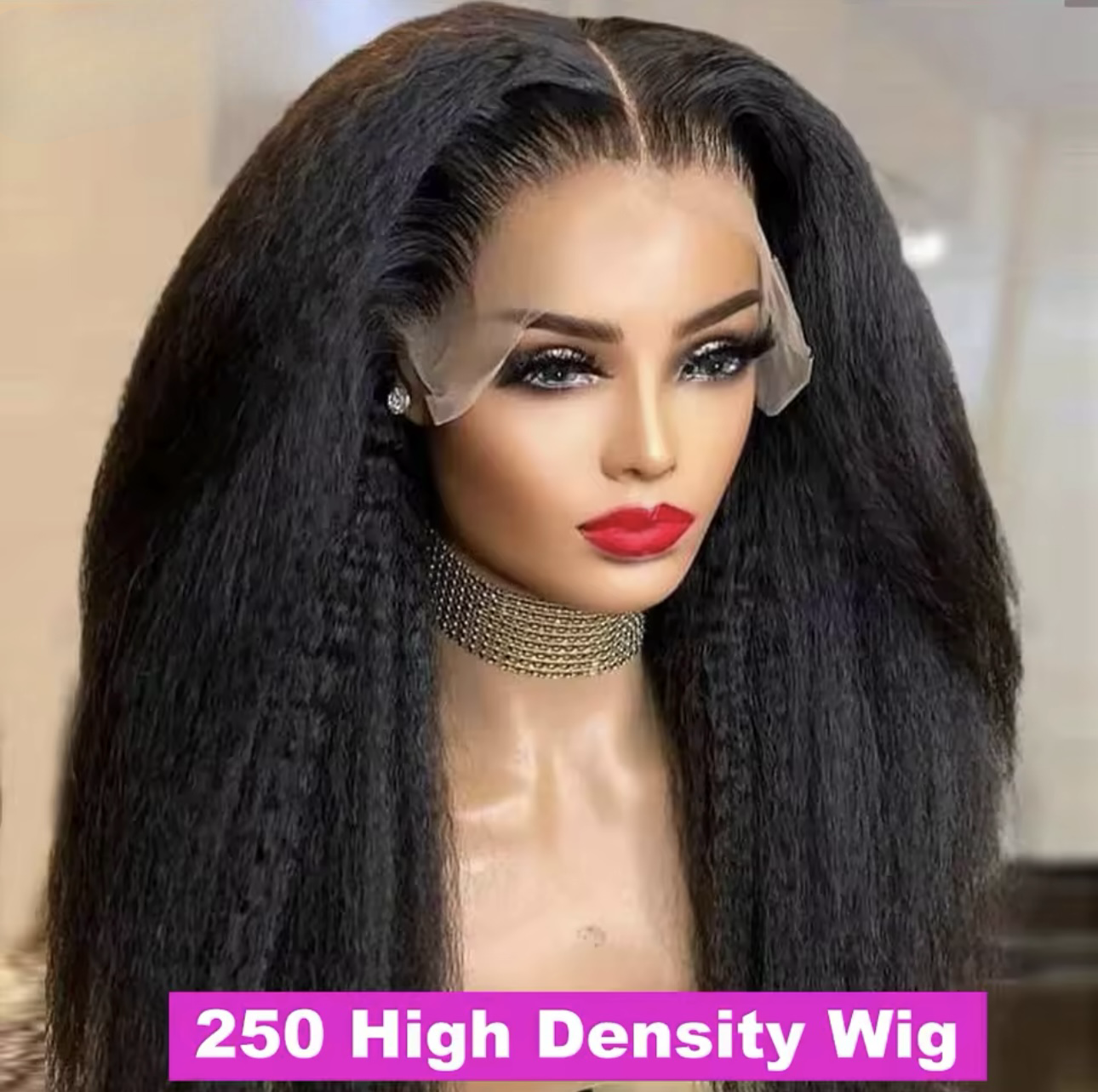 250 Density Kinky Straight Yaki Human Hair Wig, 13x4 Preplucked Lace Frontal