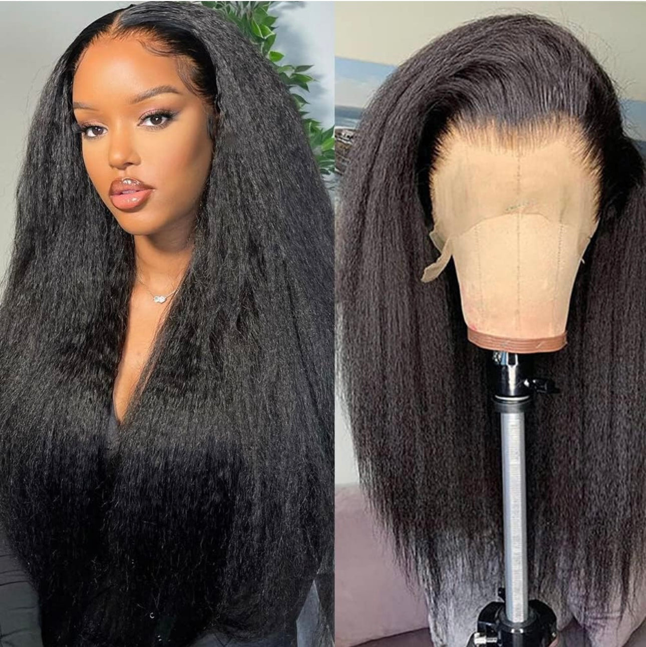 250 Density Kinky Straight Yaki Human Hair Wig, 13x4 Preplucked Lace Frontal