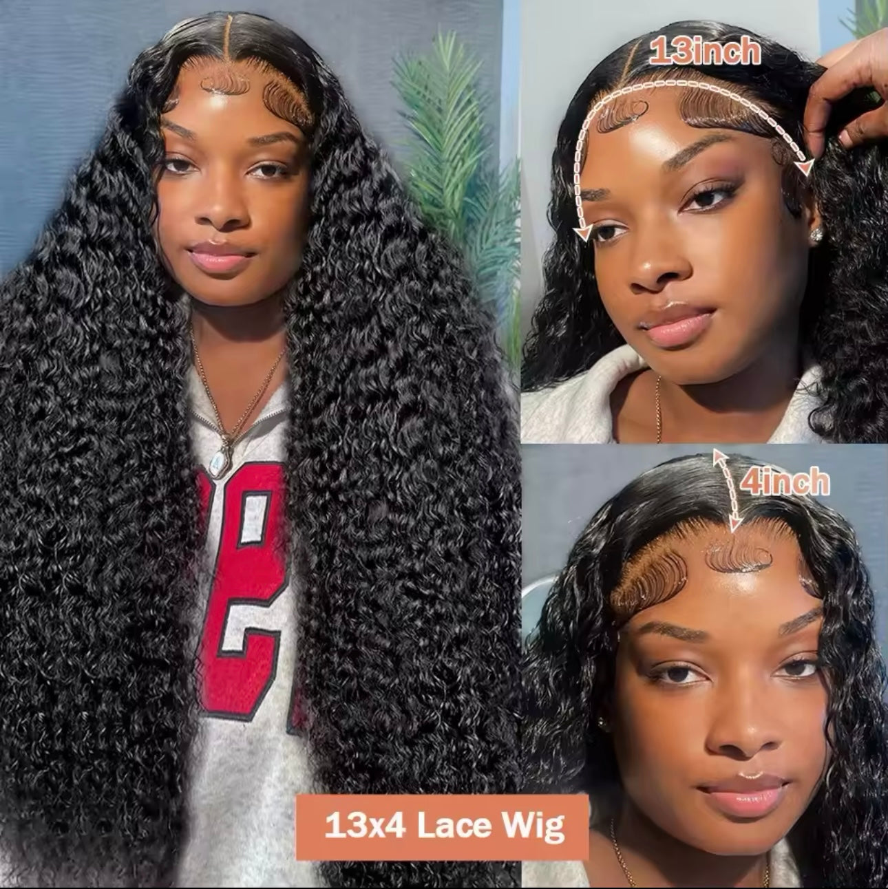 13x4 Deep Wave HD Transparent Lace Front Wig Human Hair 200% Density Pre Plucked with Baby Hair Natural Color