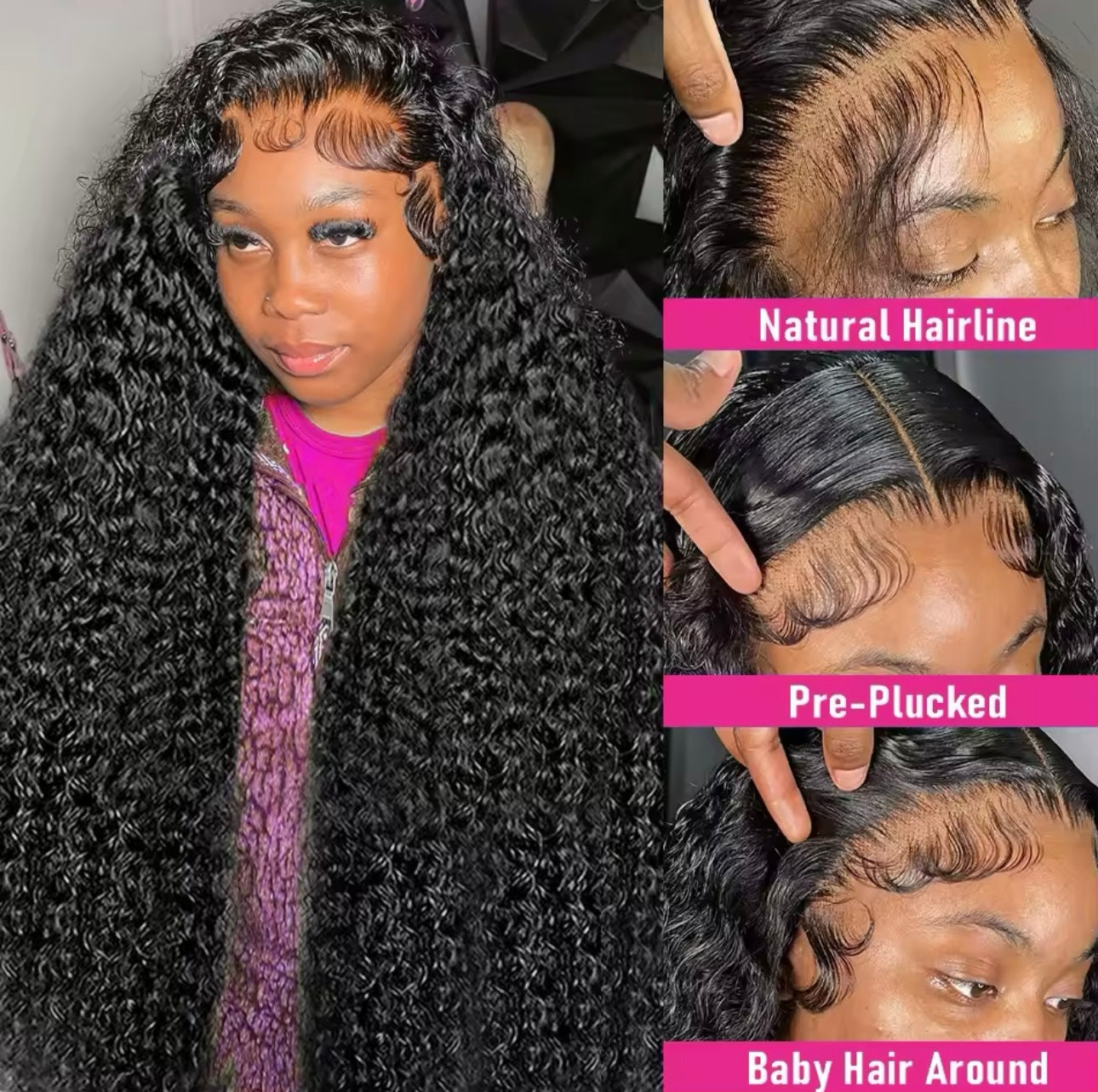 13x4 Deep Wave HD Transparent Lace Front Wig Human Hair 200% Density Pre Plucked with Baby Hair Natural Color