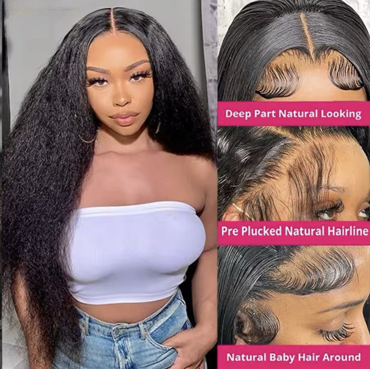 250 Density Kinky Straight Yaki Human Hair Wig, 13x4 Preplucked Lace Frontal