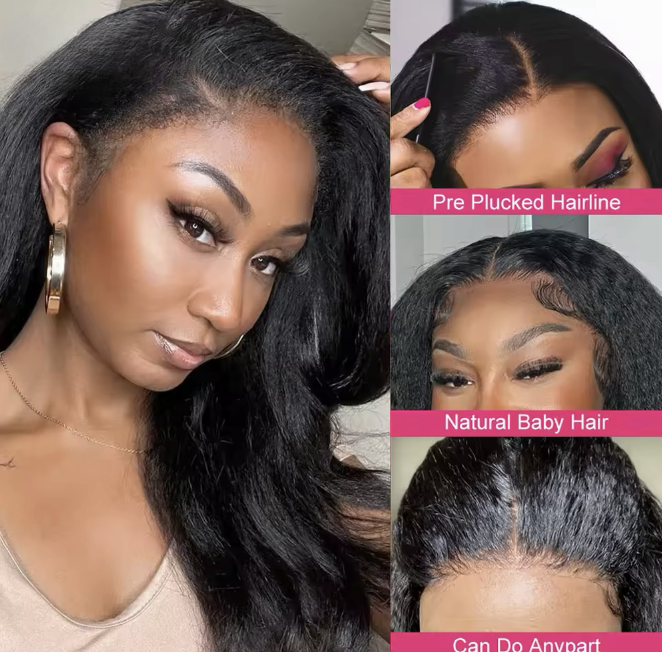 250 Density Kinky Straight Yaki Human Hair Wig, 13x4 Preplucked Lace Frontal