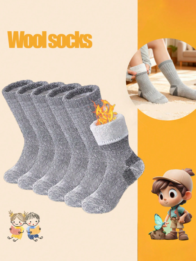 Kids Thick Wool Winter Socks – Warm, Soft & Durable Cold-Weather Socks (1/3/6 Pairs)
