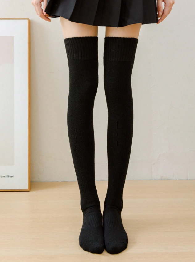 1/2 Pairs Women Over Knee Solid Color Thick Thermal Lined Warm Casual Thigh High Socks, Soft & Comfortable, Suitable For Students & Adults In Autumn/Winter