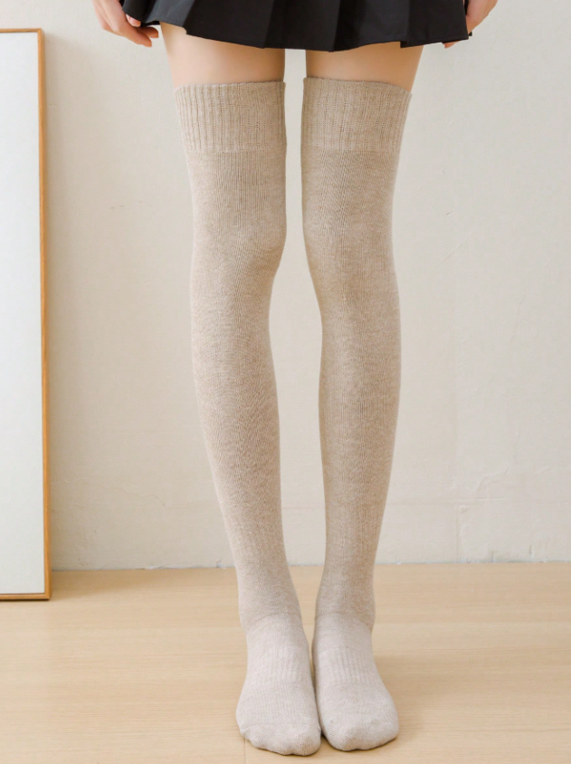 1/2 Pairs Women Over Knee Solid Color Thick Thermal Lined Warm Casual Thigh High Socks, Soft & Comfortable, Suitable For Students & Adults In Autumn/Winter