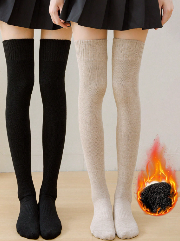 1/2 Pairs Women Over Knee Solid Color Thick Thermal Lined Warm Casual Thigh High Socks, Soft & Comfortable, Suitable For Students & Adults In Autumn/Winter
